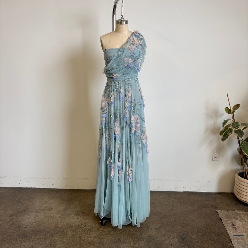 Theia One-Shoulder Floral Appliqué Maxi Dress in Dusty Sage